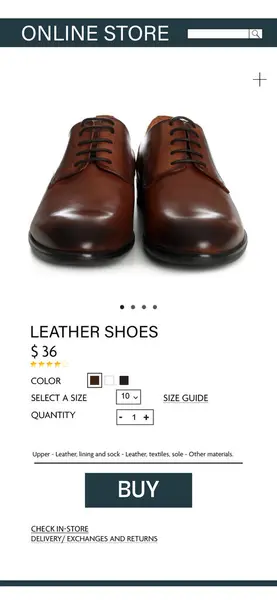 Online store website page with stylish shoes and information. Image can be pasted onto smartphone screen