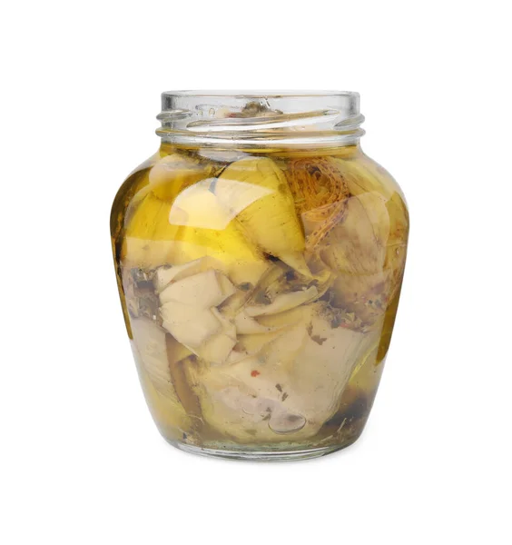 打开的一罐用橄榄油腌制的美味朝鲜蓟 用白色隔开 — 图库照片