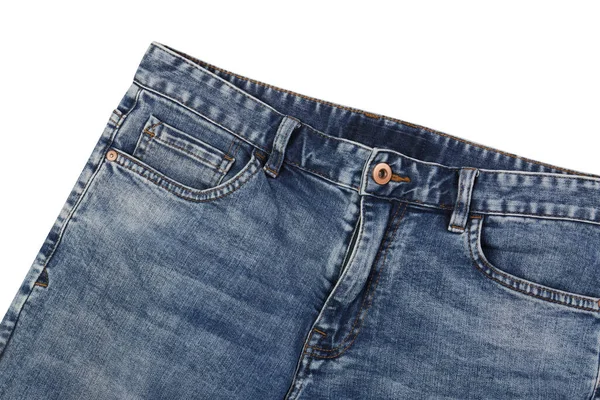 Snygga Blå Jeans Isolerade Vit Ovanifrån — Stockfoto