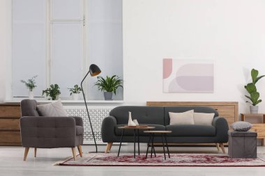 Şık mobilyaları ve güzel desenli yumuşak halısı olan rahat bir oda.