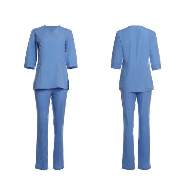 Mavi üniforma beyaza izole edilmiş, kolaj arka ve ön görünüm