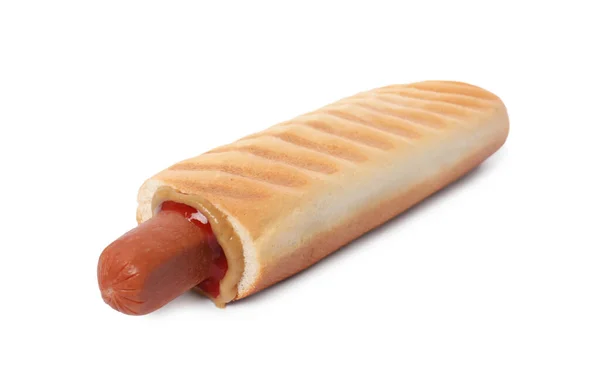 Leckere Französische Hot Dog Mit Ketchup Und Senf Isoliert Auf — Stockfoto