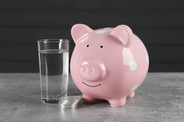 Water scarcity concept. Piggy bank, coins and glass of drink on grey table