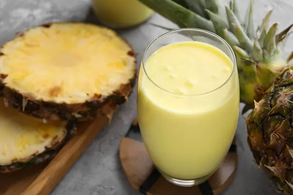 Tasty Pineapple Smoothie Fruit Grey Table Closeup — Stock Photo, Image