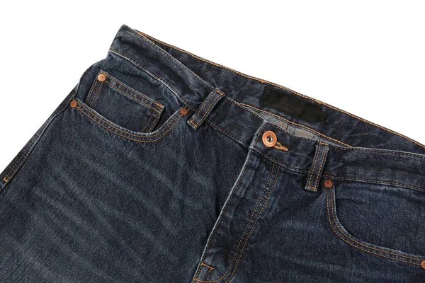 Snygga Mörkblå Jeans Isolerade Vit Ovanifrån — Stockfoto