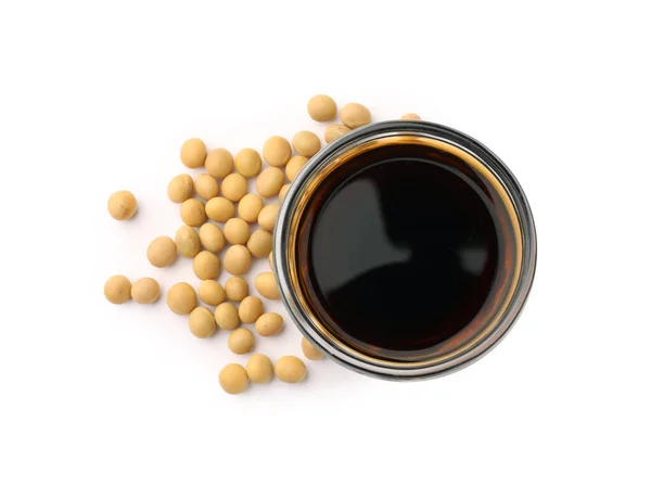 Bowl Soy Sauce Soybeans Isolated White Top View Stock Photo