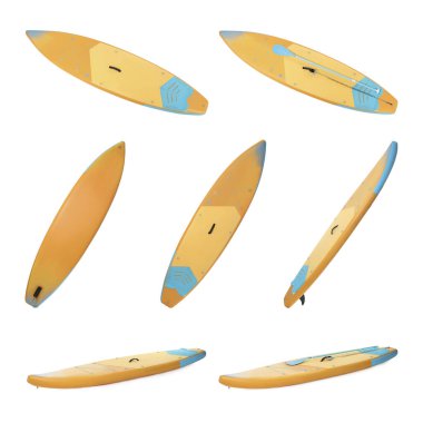 Kürekli SUP panosu olan kolaj beyaz, farklı taraflarda izole edilmiş