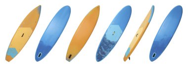 Kürekli SUP panoları olan kolaj beyaz, farklı taraflarda izole edilmiş