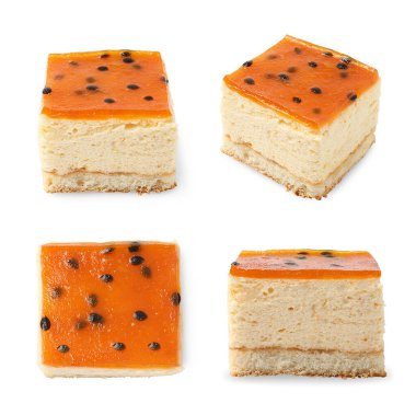 Farklı açılardan izole edilmiş lezzetli cheesecake parçalarıyla kolaj