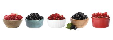 Beyaza izole edilmiş kâselerdeki kırmızı ve siyah üzümlerle kurulmuş.