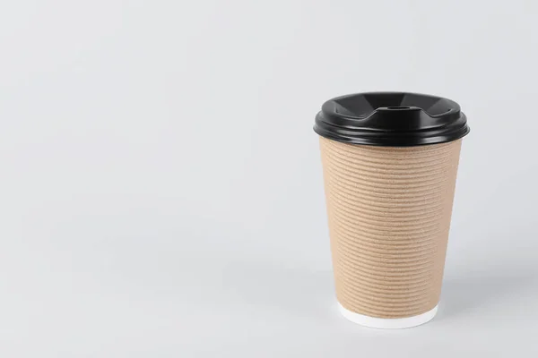 Papierbecher Mit Plastikdeckel Auf Hellem Hintergrund Platz Für Text Coffee — Stockfoto