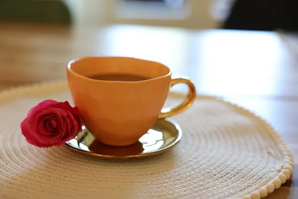 Cup Hot Drink Red Rose Table Indoors Closeup Space Text — Stock Photo, Image