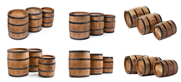 Collage Wooden Barrels White Background — Stock Photo, Image