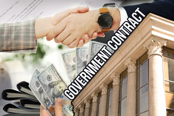 Government contract. Collage with photos of woman counting dollars, businesspeople shaking hands and building