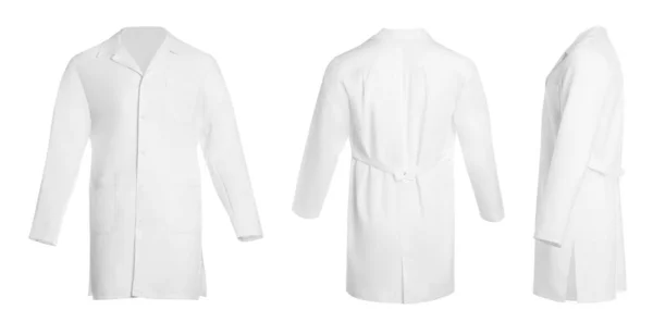 stock image Medical uniform isolated on white, collage with back, side and front views