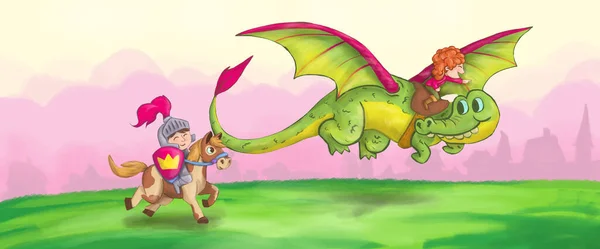 Dragon flying with princess while knight riding horse, fairytale illustration. Banner design