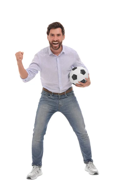 Эмоциональный Фанат Спорта Футбольным Мячом Белом Фоне — стоковое фото