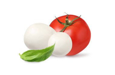 Caprese salatası için malzemeler. Taze domates, fesleğen ve beyaz üzerine izole edilmiş mozzarella peyniri.