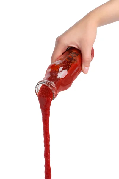 Mujer Vertiendo Sabroso Ketchup Botella Aislado Blanco Primer Plano — Foto de Stock