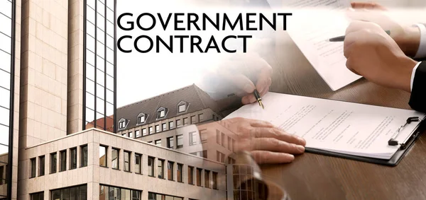 Government contract. Double exposure with photo of businesspeople working with documents and buildings