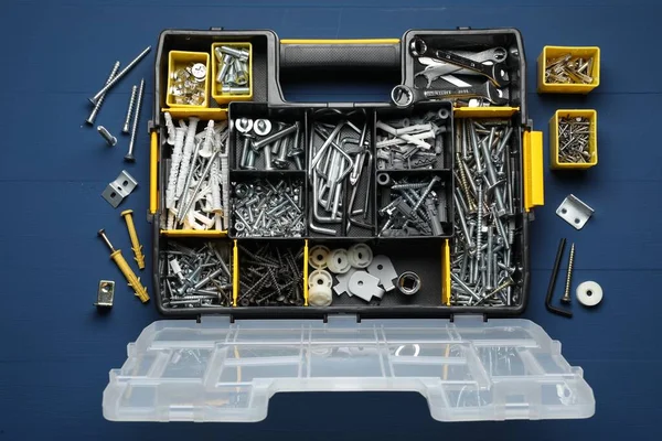 Organizer Many Different Fasteners Wrenches Blue Wooden Table Flat Lay — Stock Photo, Image