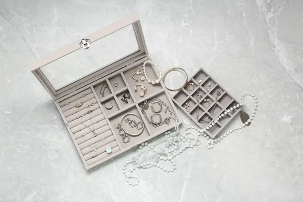 Jewelry Boxes Many Different Accessories Light Grey Table Flat Lay — Stock Photo, Image