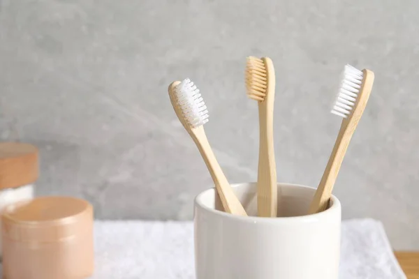 Holder Bamboo Toothbrushes Bathroom Closeup Space Text — Stock Photo, Image