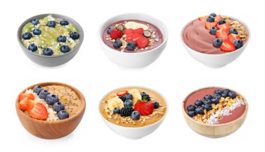 Beyaza izole edilmiş farklı meyve suyu kaseleri.