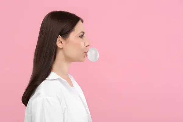 Beautiful Woman Blowing Bubble Gum Pink Background Space Text — Stock Photo, Image