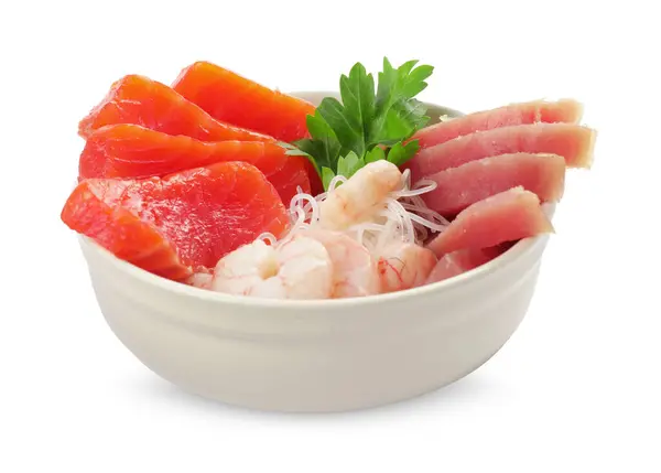 Sashimi Set Salmon Tuna Shrimps Served Funchosa Parsley Isolated White — Stock Photo, Image