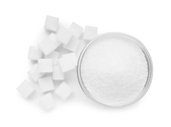 Különböző Típusú Cukor Izolált Fehér Felső Nézet — Stock Fotó