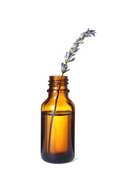 Flaska Med Eterisk Olja Och Lavendel Isolerad Vit — Stockfoto