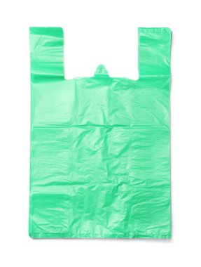 Yeşil plastik torba yığını beyaz, üst görünümde izole