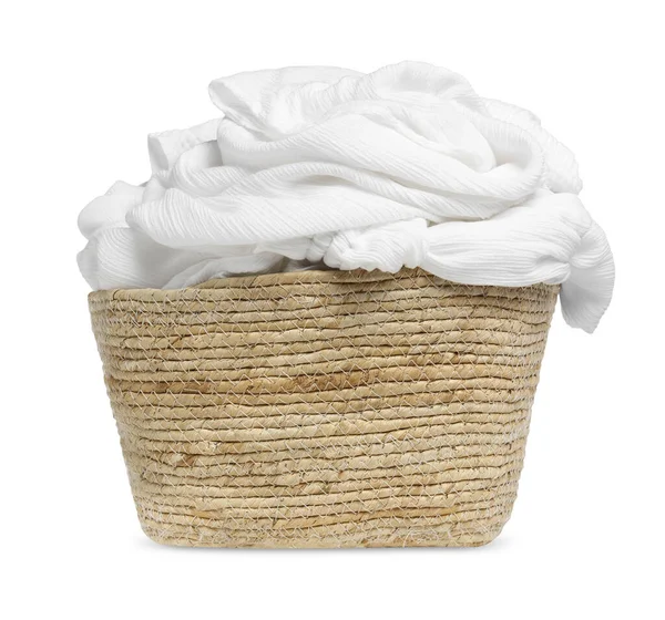 Wicker Laundry Basket Clean Clothes Isolated White — 스톡 사진