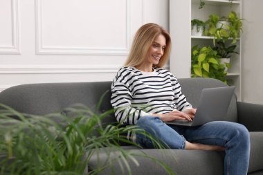 Woman working with laptop on sofa surrounded by beautiful potted houseplants at home clipart