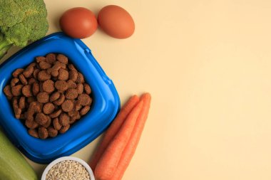 Bej arka planda kuru hayvan maması ve ürünler, düz yatak. Metin için boşluk