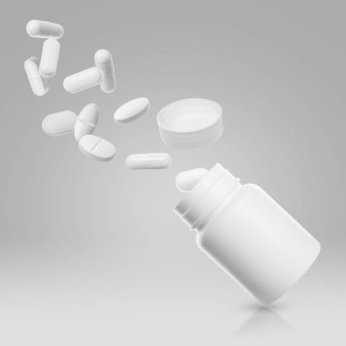 Bir sürü beyaz hap açık gri arka planda şişeye düşüyor.
