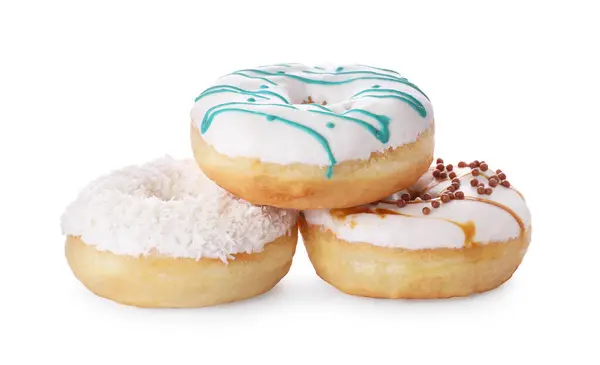 Verschillende Smakelijke Geglazuurde Donuts Witte Achtergrond — Stockfoto