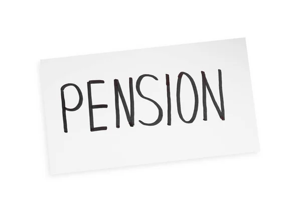Cartão Com Palavra Pension Isolado Branco Vista Superior — Fotografia de Stock