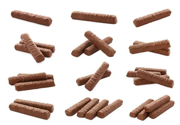 Colagem Com Barras Chocolate Isoladas Branco — Fotografia de Stock