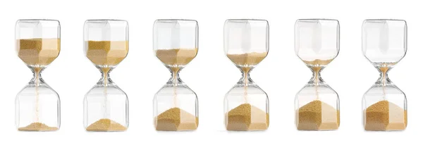 Passage Time Hourglass Flowing Sand White Background Collage — Stock Photo, Image