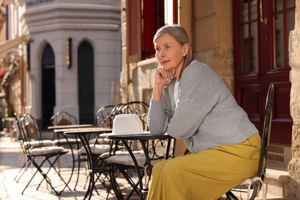 Beautiful Senior Woman Sitting Outdoor Cafe Space Text Stock Image