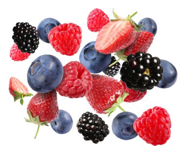 Beyaz arka planda uçuşan bir sürü farklı meyve.