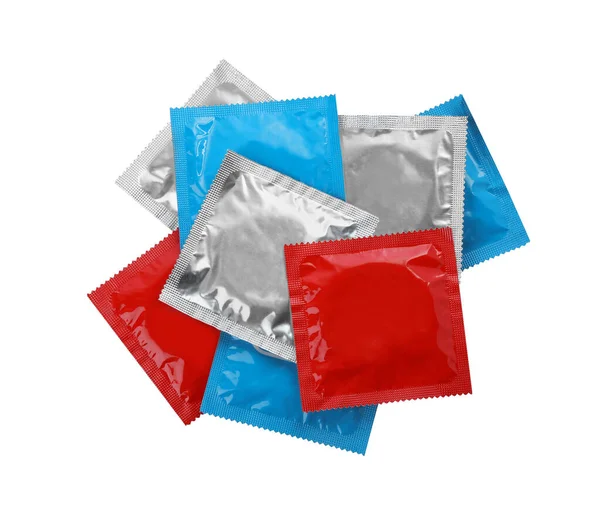 Kondompaket Isolerade Vit Ovanifrån Säkert Sex — Stockfoto