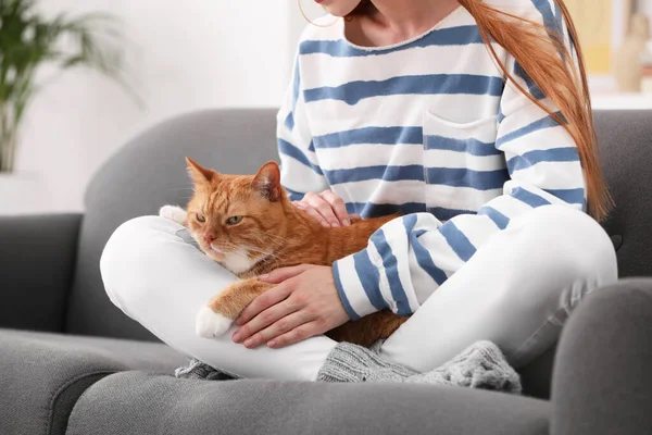 Woman with her cute cat on sofa at home, closeup