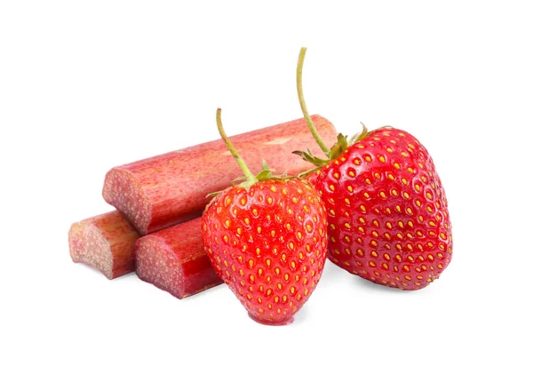 Stalks Fresh Rhubarb Strawberries Isolated White — Stock Photo, Image