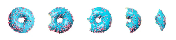 Comiendo Sabroso Donut Collage Con Trozos Postre Aislados Blanco — Foto de Stock