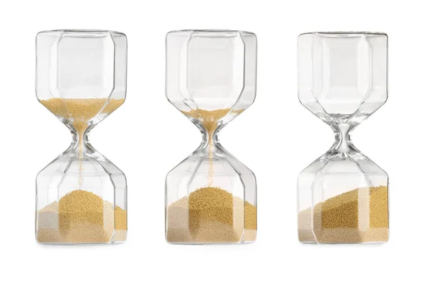 Tidens Gång Timglas Med Flytande Sand Vit Bakgrund Collage — Stockfoto