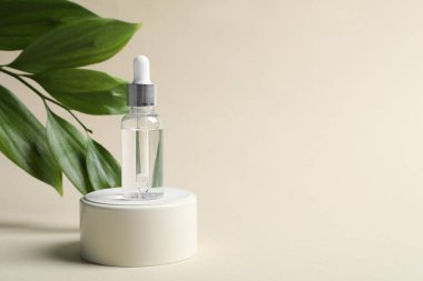 Bej arka planda bir şişe kozmetik yağı ve yeşil yapraklar, metin için boşluk