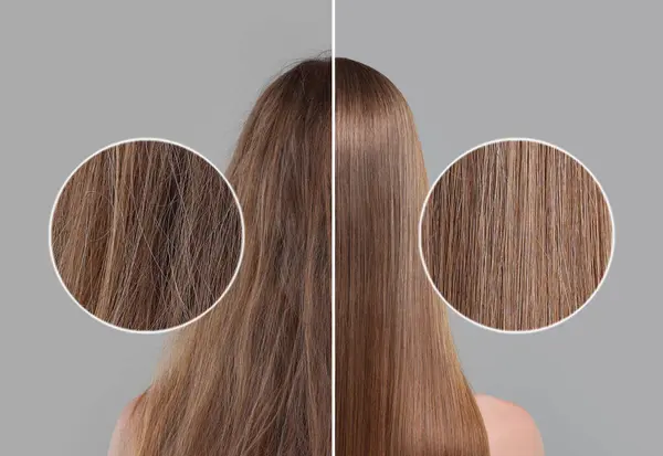 照片中的女性在头发处理前后被分为一半 在灰色背景下 显示受损和健康线的缩放区域 — 图库照片